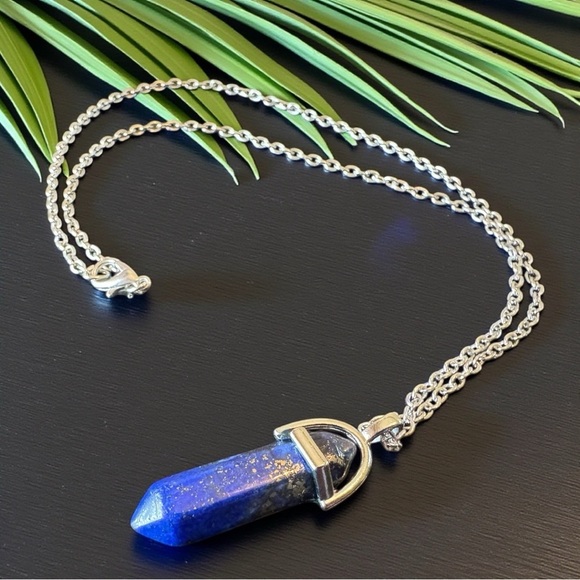 Lapis Lazuli Crystal Pendant Necklace – Silver Tone Chain - Picture 4 of 6